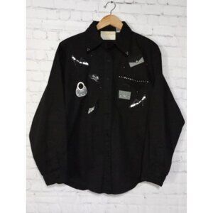 Vtg Fortune By Stan Embroidered Shirt Top Fashion Themed Button Up Black Sz L
